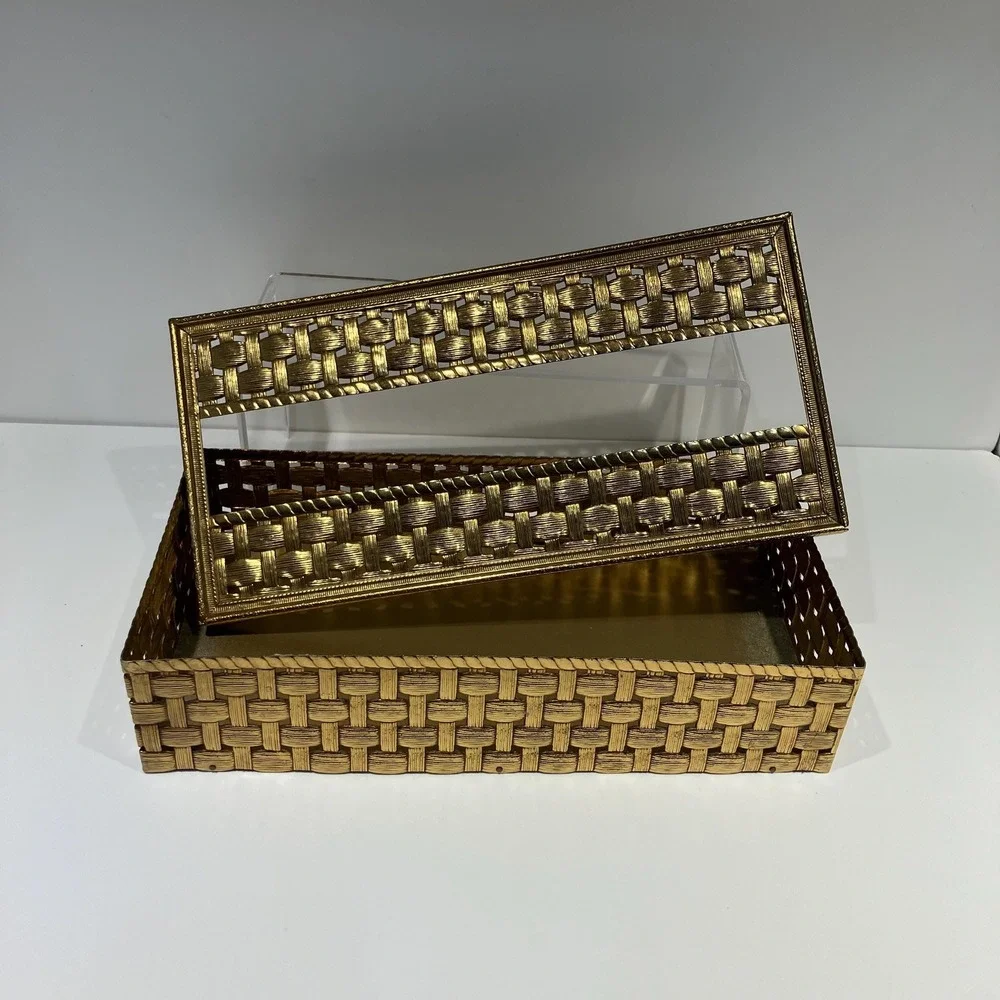 Vtg Gold Tone Metal Rectangular Tissue Box 2 Pc-Vanity Decor-Hollywood Regency